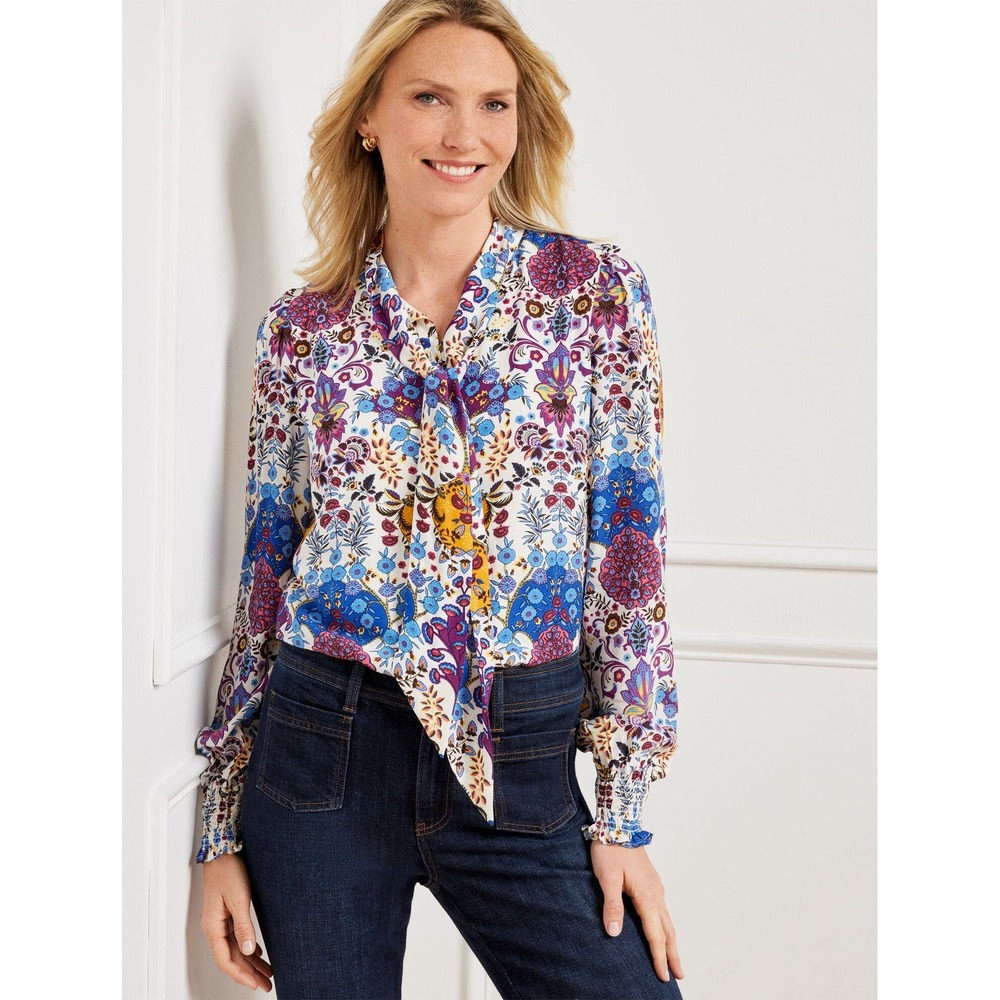 TALBOTS Women XS Multicolor Floral Medallion Tie Neck Long Sleeve Blouse Top NWT